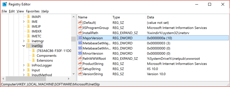 RegEdit screenshot of HKEY_LOCAL_MACHINE\SOFTWARE\Microsoft\InetStp