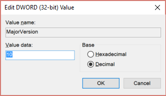 RegEdit screenshot of the MajorVersion setting